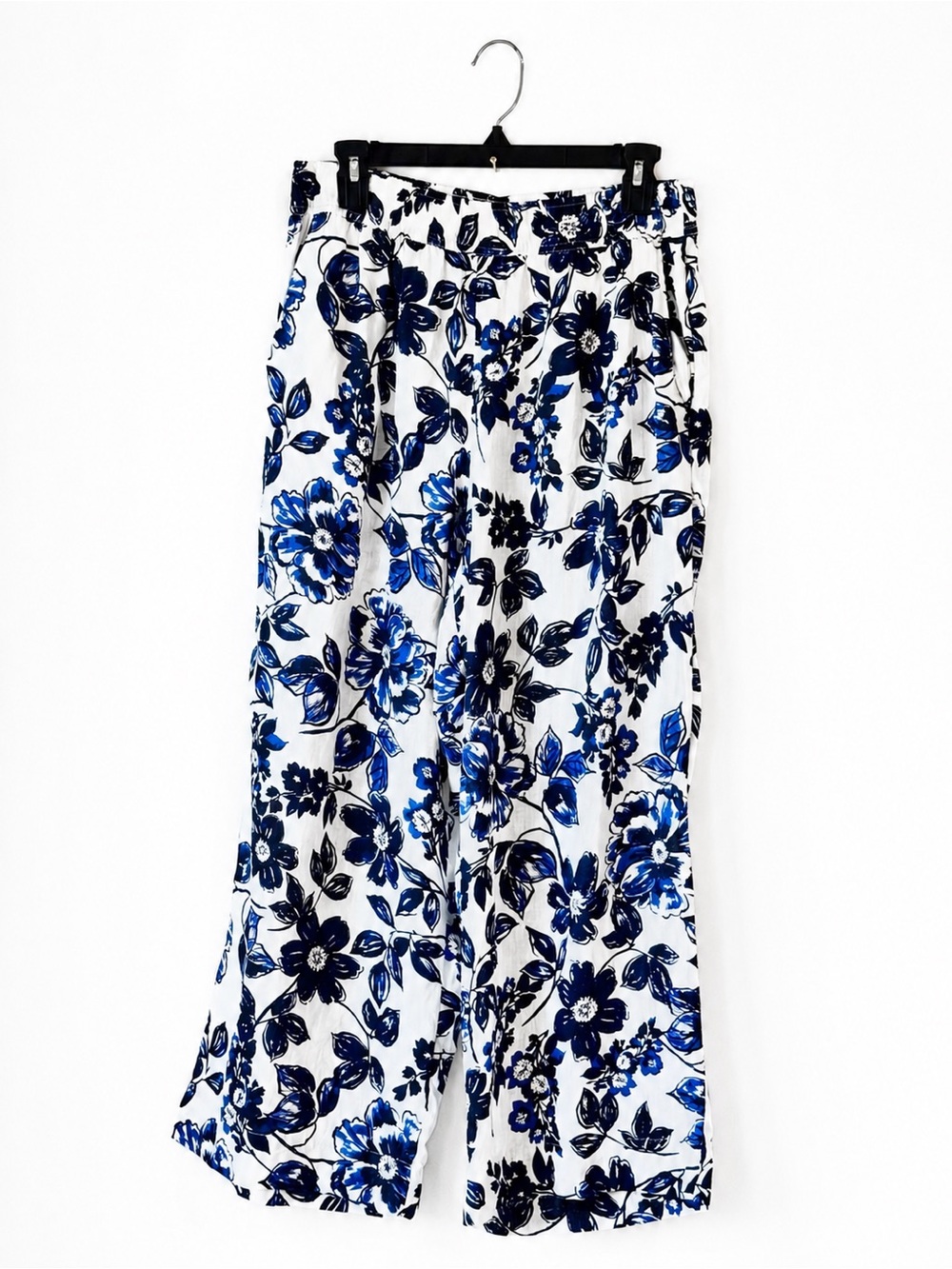 Rachel Roy 100% Linen Floral Wide Leg Pants Medium Blue White Coastal Vacation